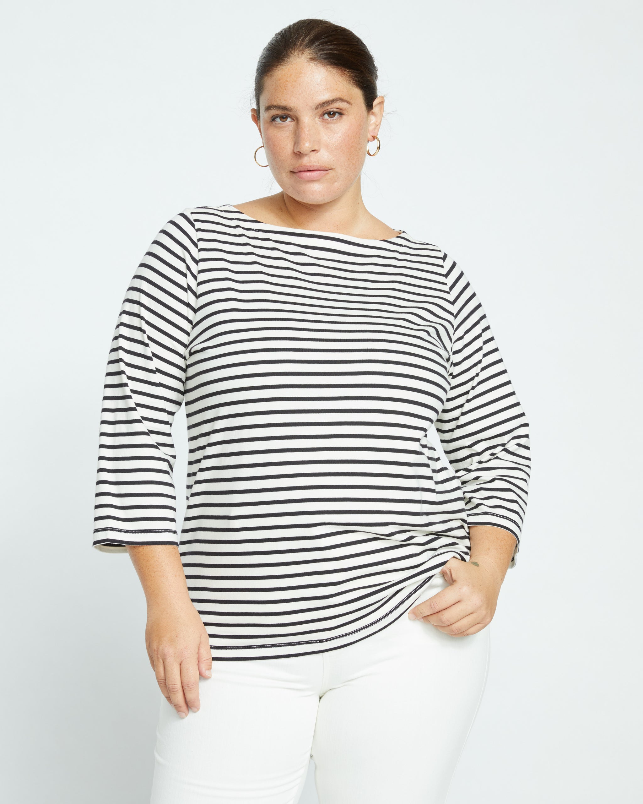 Long-Sleeved Boatneck Tee in White/Navy Stripe Compact Jersey