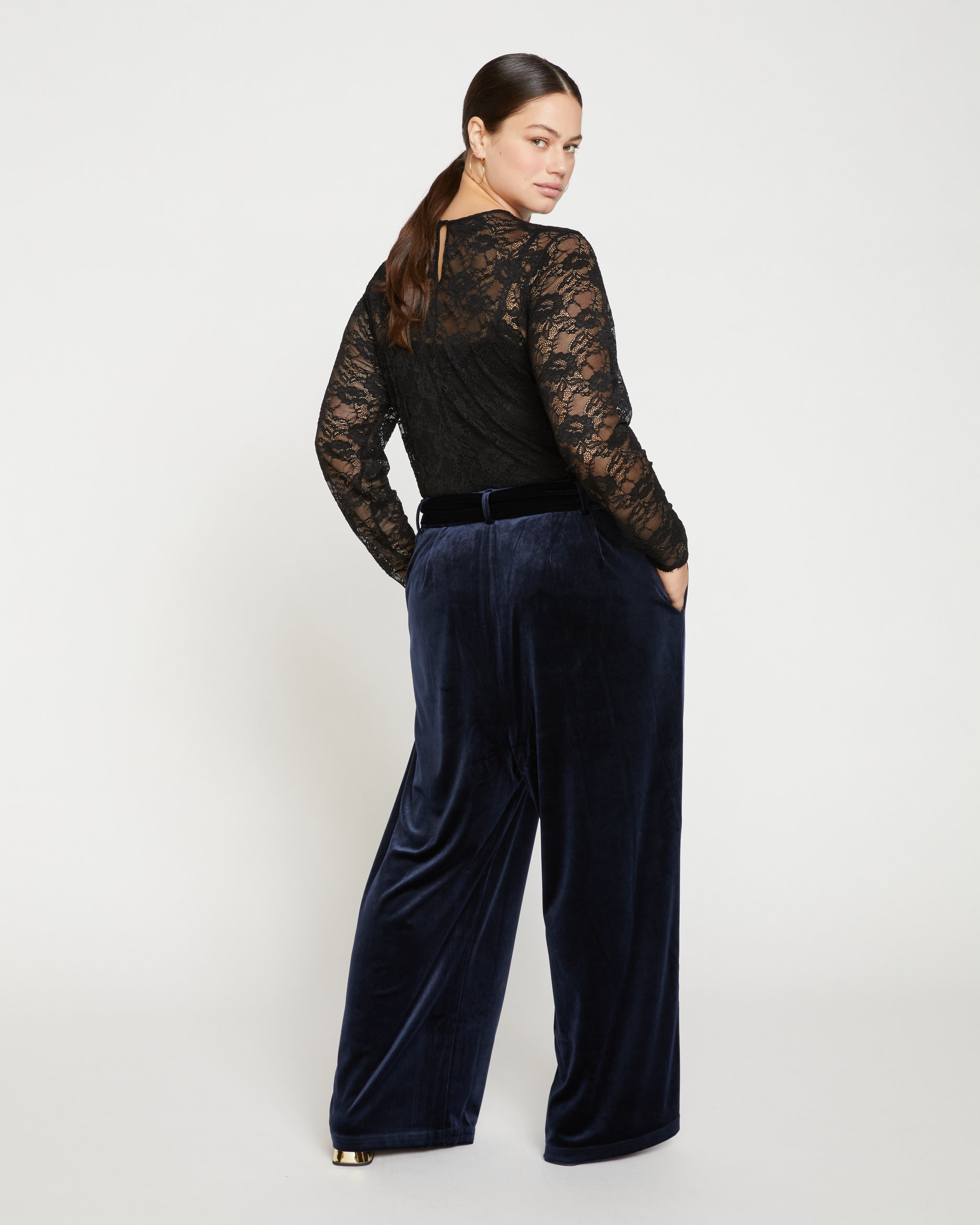 Tall Black Velvet Pant With Diamante Buckle