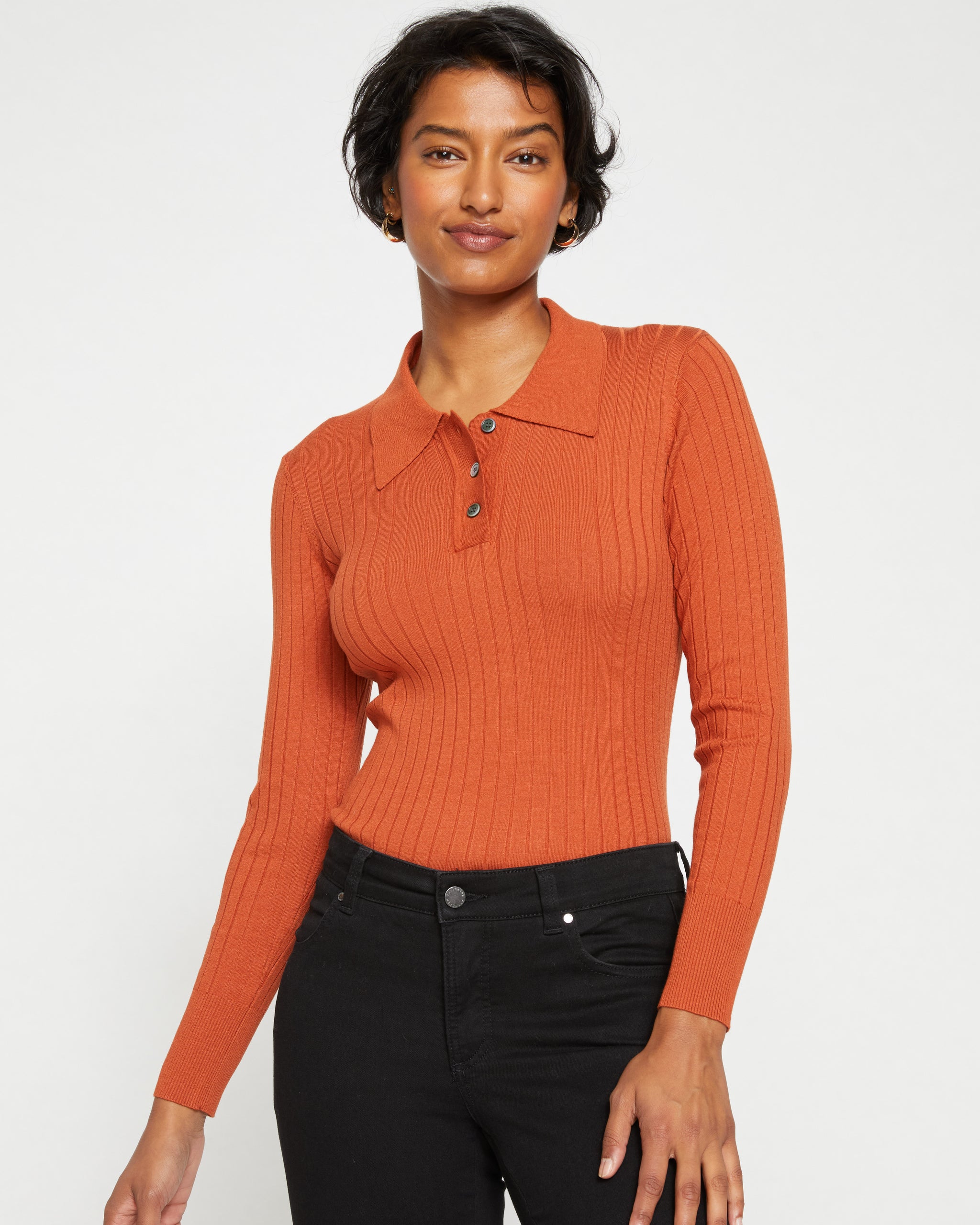 Retro Ribbed Knit Polo Top - Bronze | Universal Standard