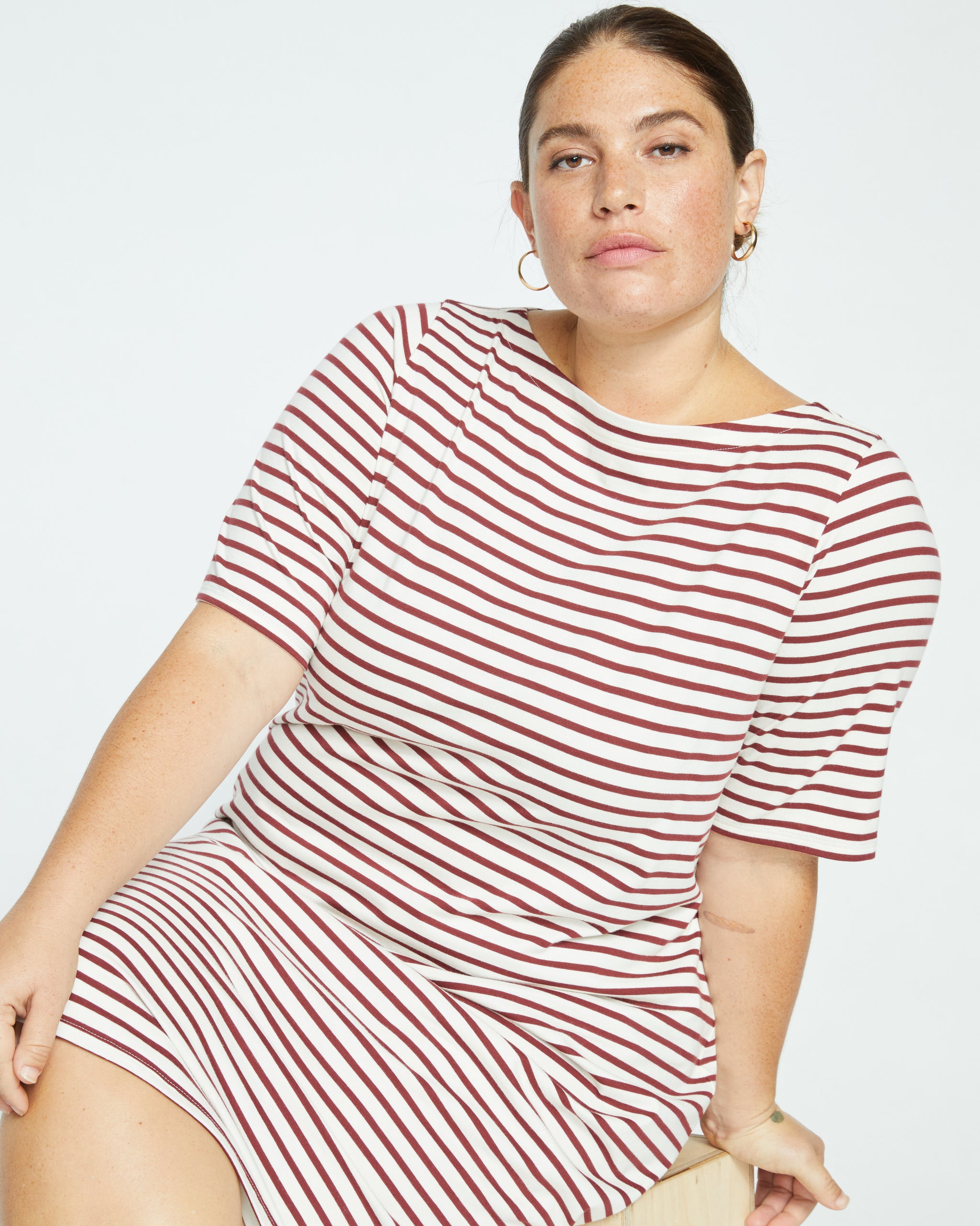 Belle Breton-Stripe Compact Jersey Dress - Ecru/Burgundy Stripe