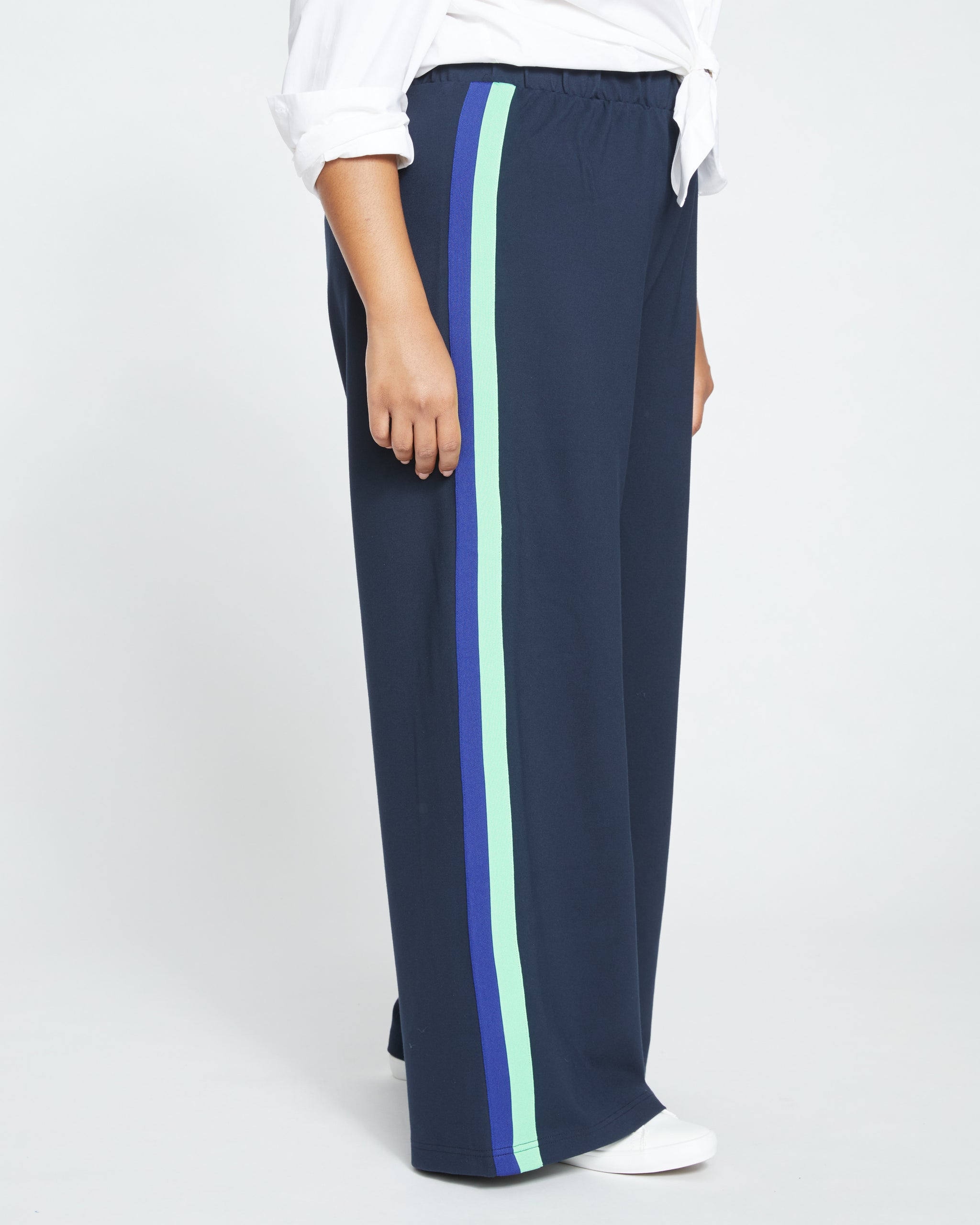 Stephanie Wide Leg Stripe Ponte Pants 30 Inch - Navy with Absinthe/Navy  Stripe