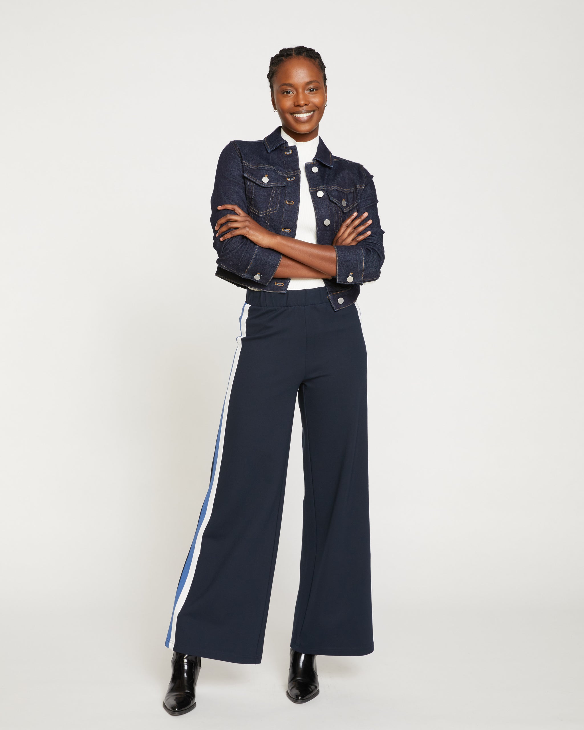 Stephanie Wide Leg Stripe Ponte Pants 33 Inch - Navy with Blue/White Stripe