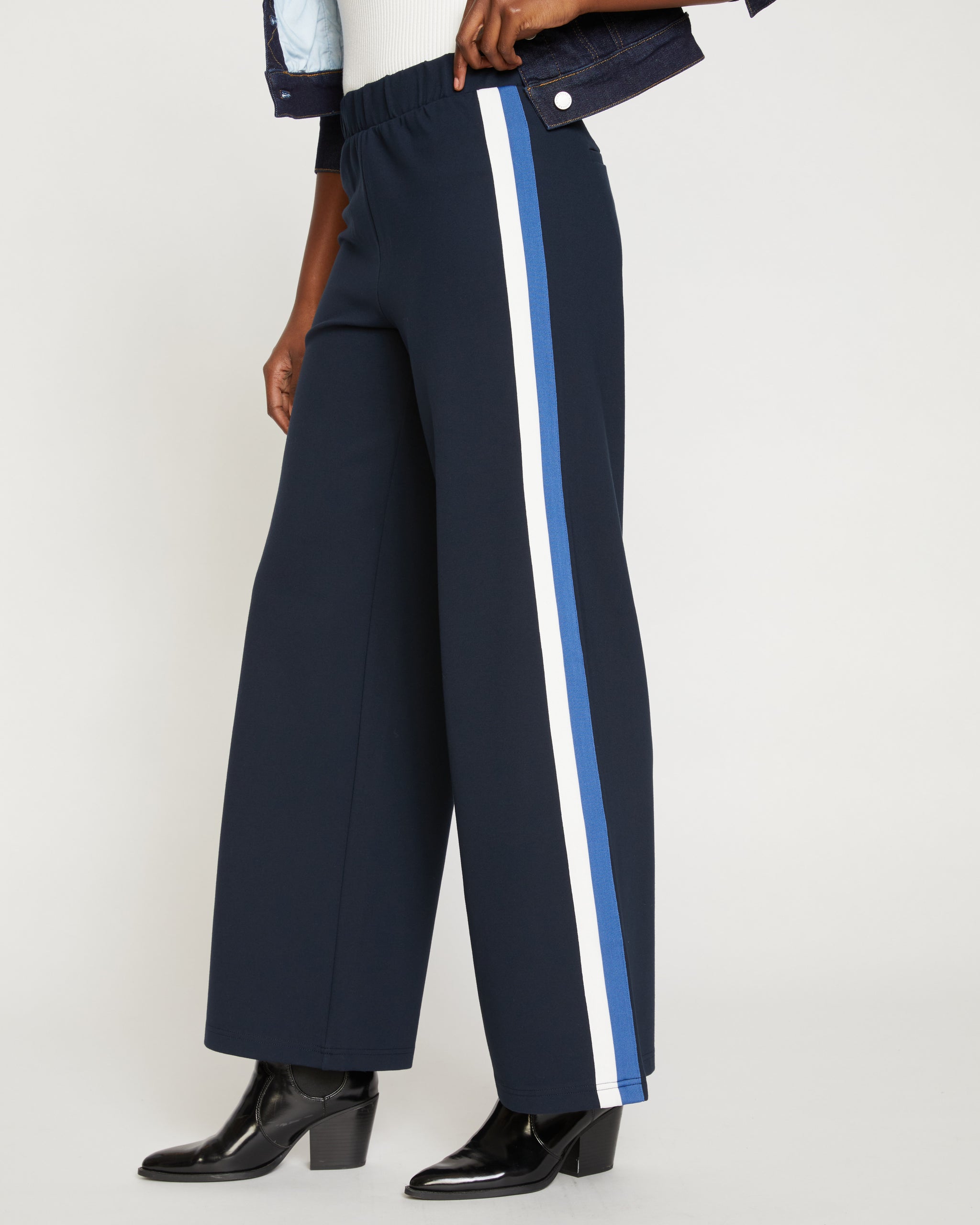 Stephanie Wide Leg Stripe Ponte Pants 33 Inch - Navy with Blue/White Stripe