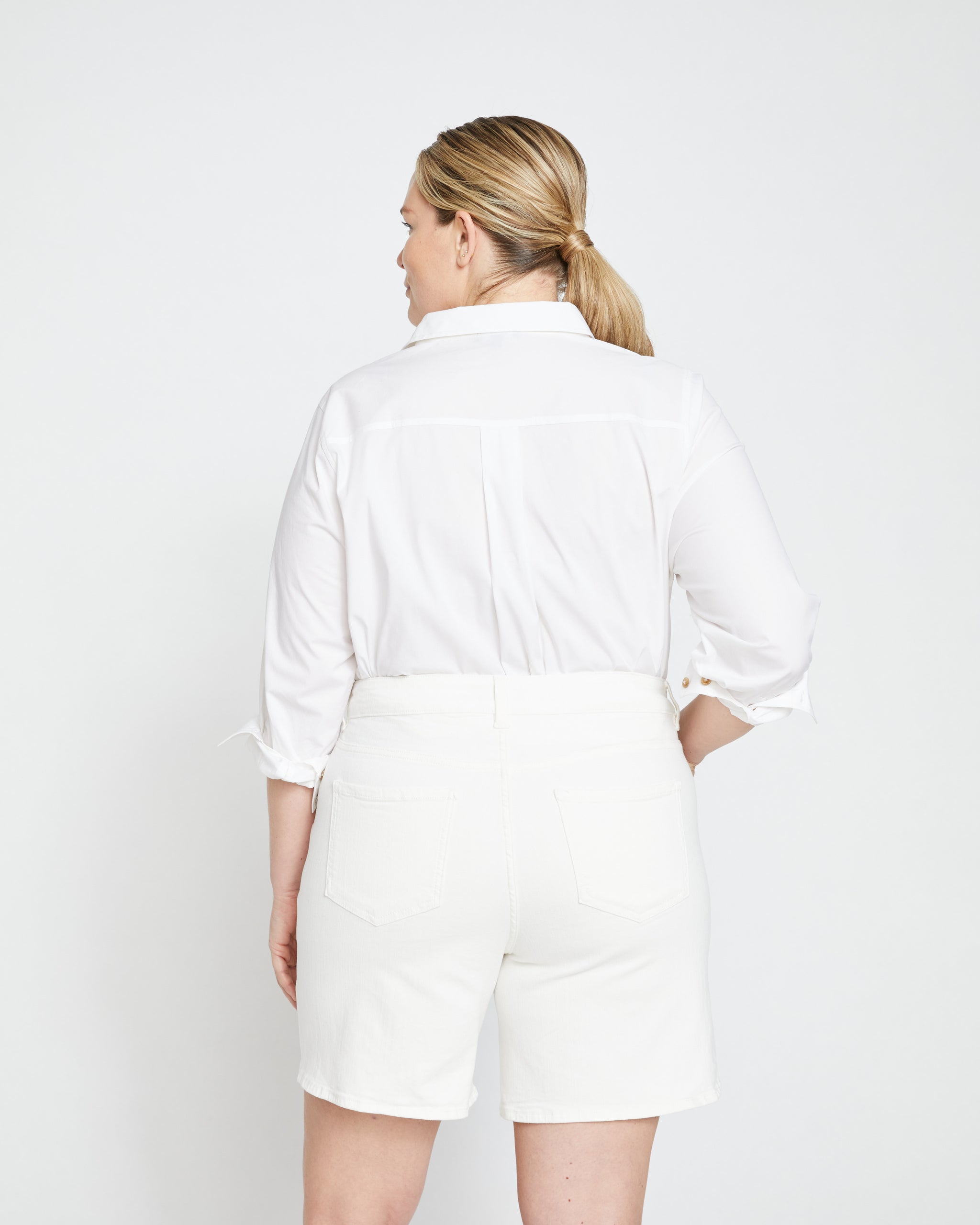 Katie High Rise Crossover Denim Shorts - White | Universal Standard