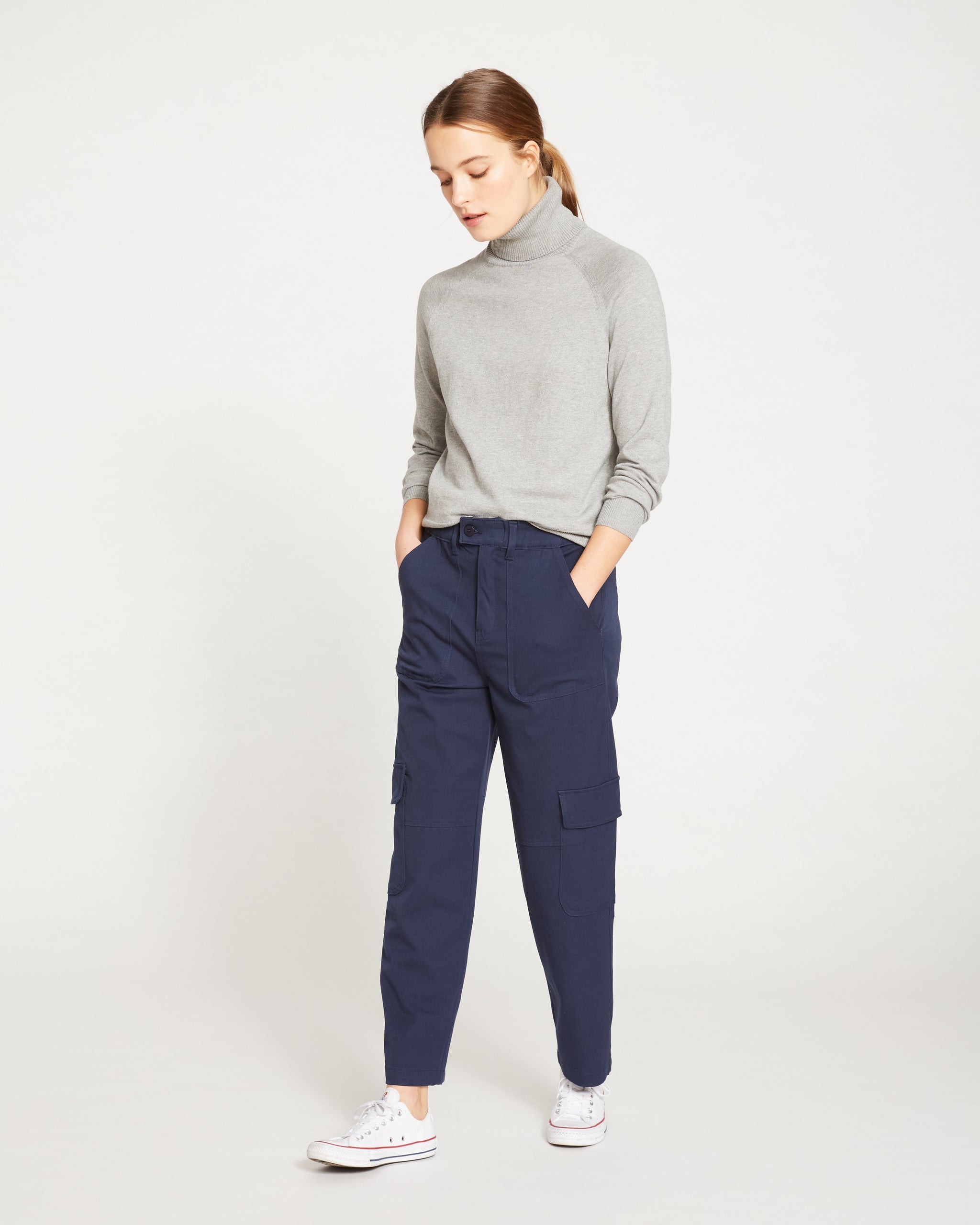 Ladies Flat Front Poly/Cotton Cargo Work Pants in Navy Blue - Available in  a Full Range of Female Sizes from 0 - 28W - Item # 750-8573