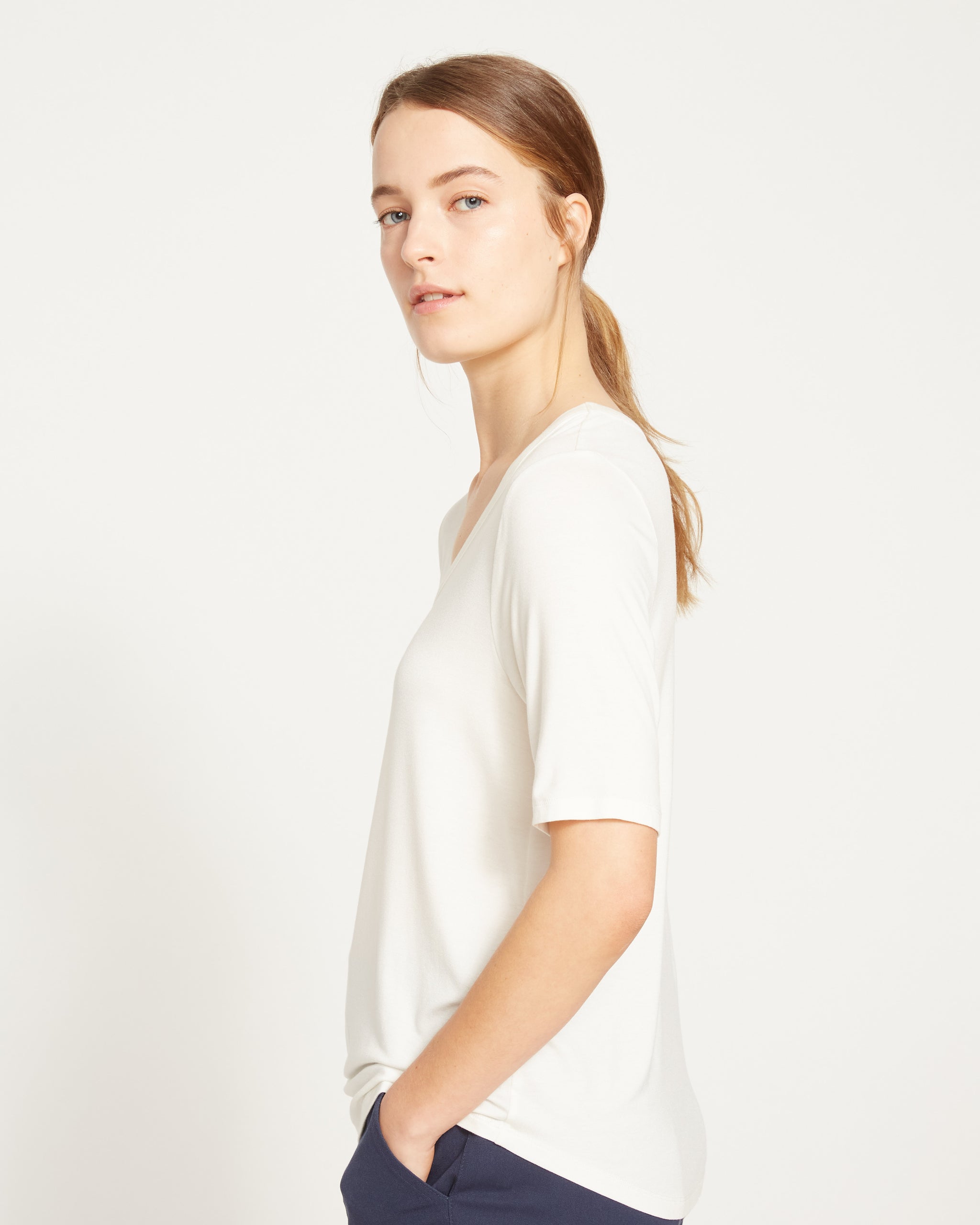Lily Liquid Jersey V-Neck Stovepipe Tee - White