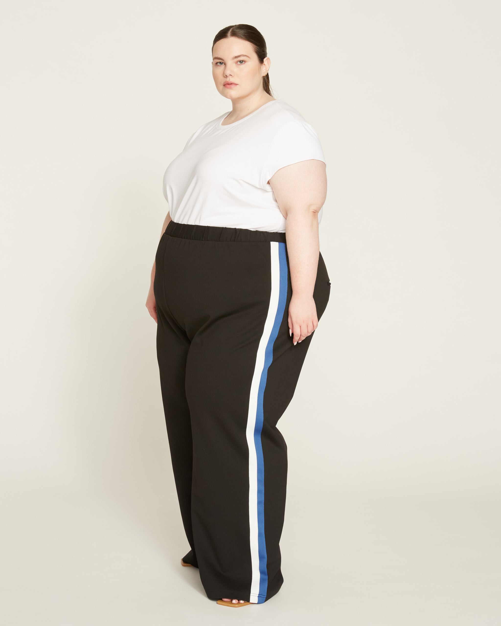 Stephanie Wide Leg Stripe Ponte Pants 30 Inch - Black with Blue/White Stripe