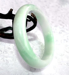 Ying Yu's Jewelry Box-"Blissful" Glowing Soft Green and White Burmese Jadeite Grade A Bangle Bracelet 54.5mm + Certificate (8556)