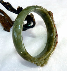 "Dragon Phoenix" Vintage Hand Carved Burmese Jadeite Bangle Bracelet Oval 57-58 mm (BB2973)