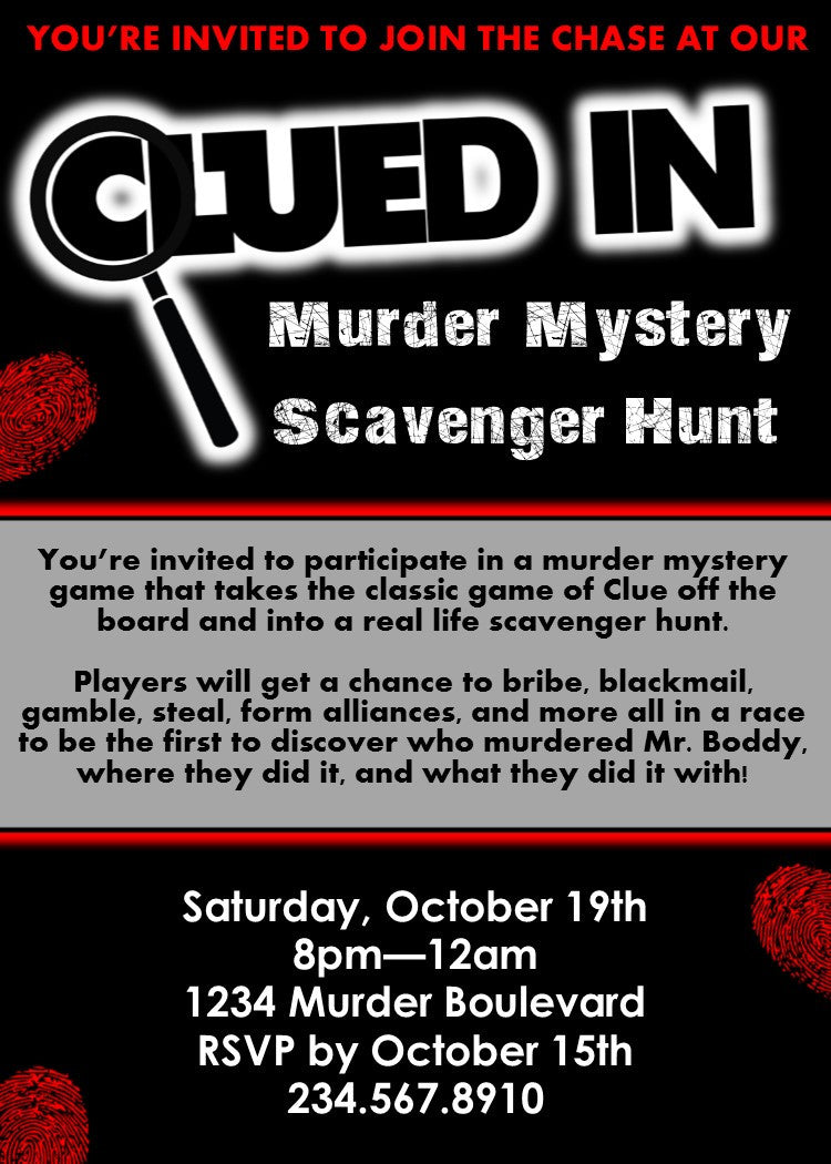 clued-in-murder-mystery-hunt-party-invitation-editable-queen-of-theme-party-games