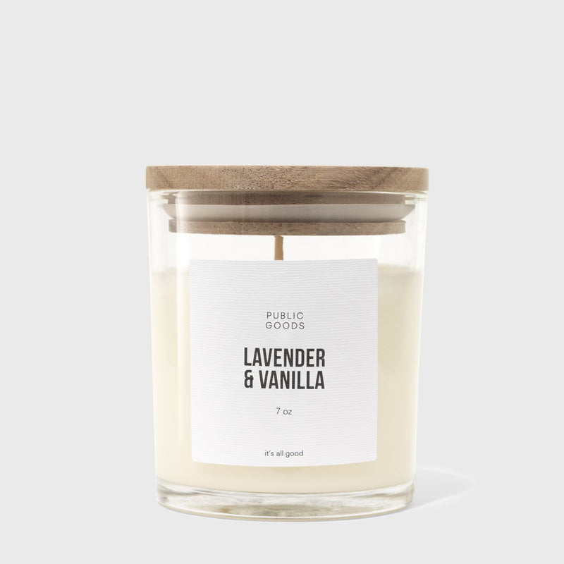Public Goods Lavender & Vanilla Scented Soy Candle (7oz) | Made With Essential Oils | Acacia Wood Lid in Upcycle-Ready Glass Jar