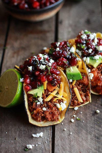 Chipotle Quinoa Sweet Potato Tacos with Roasted Cranberry Pomegranate Salsa