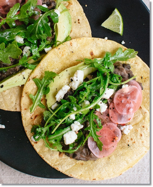 Fresh Arugula and Black Bean Tacos with Pickled Radish and Feta