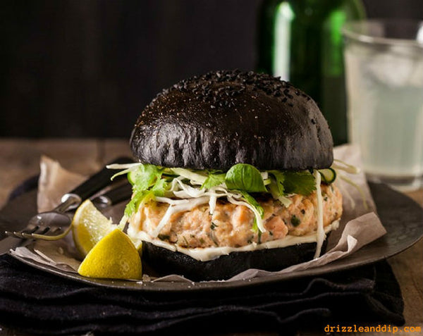 Salmon Burger of Black Brioche by Drizzle and Dip