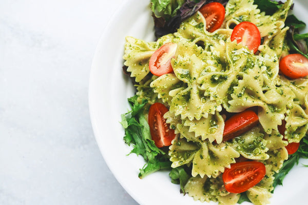 pesto pasta salad on a plate