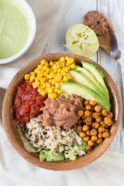 Wild Rice Burrito Bowl with Cilantro-Lime Avocado Dressing 