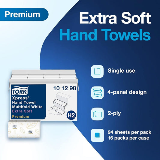 Tork Xpress Extra Soft Multifold Hand Towel White with H2 Blue Leaf, 2-Ply, 4-Panel