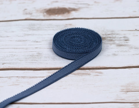 3/8" Steel Blue Grey Plush Back Finishing Elastic Picot Edge By The Yard - Arte Crafts Bra Making Supplies
