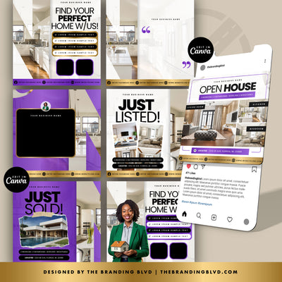 7X REALTOR DIY CANVA TEMPLATES : (Purple, Black, White & Gold) Digital Download