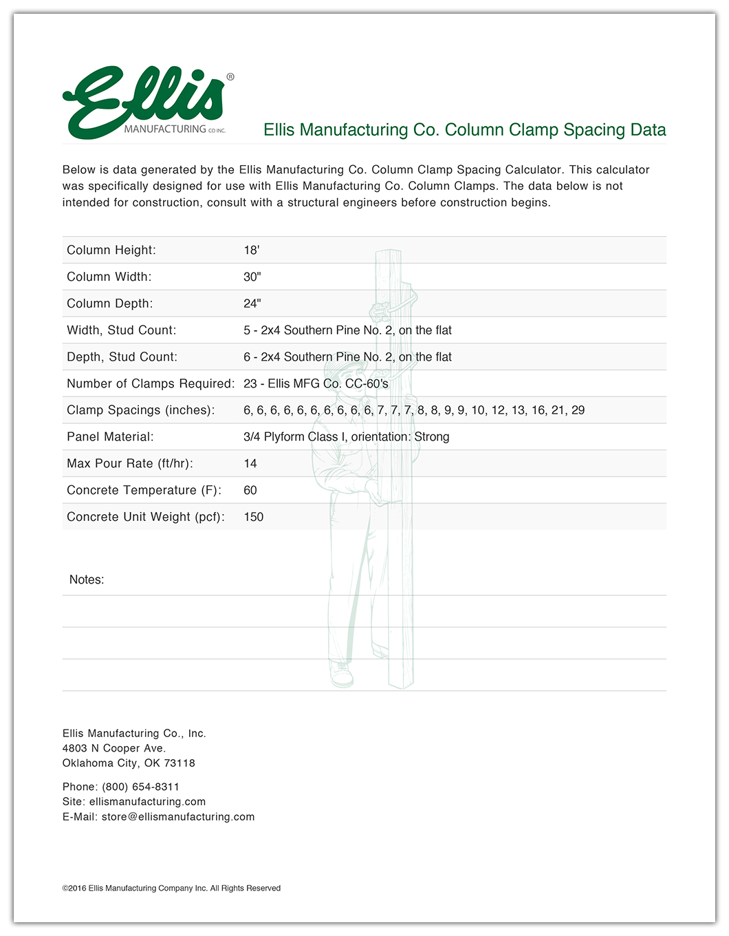 Ellis Manufacturing Co. Concrete Column Form Output Sample