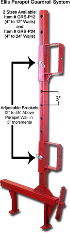 Ellis Parapet Guardrail with adjustable handrail brackets, clamps to parapet walls up to 24" wide.