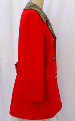 Bold Faux Cheetah and Red Wool Coat, Hutzler's of Baltimore Weather Casuals, vintage 1970s, size small-medium