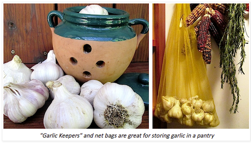 Image of a garlic keeper for garlic storage and garlic in a netted bag. 