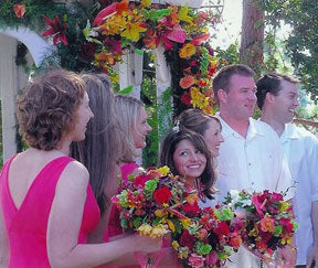 Bridesmaids with bouquets and groomsmen - Renee's Garden