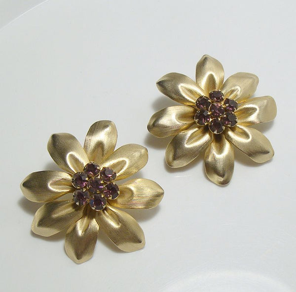 NAPIER Large Flower Clip On Earrings Amethyst Rhinestones Vintage Flor