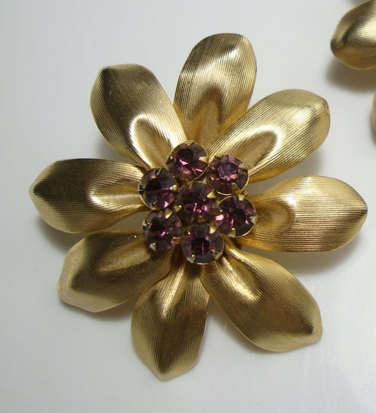 NAPIER Large Flower Clip On Earrings Amethyst Rhinestones Vintage Flor