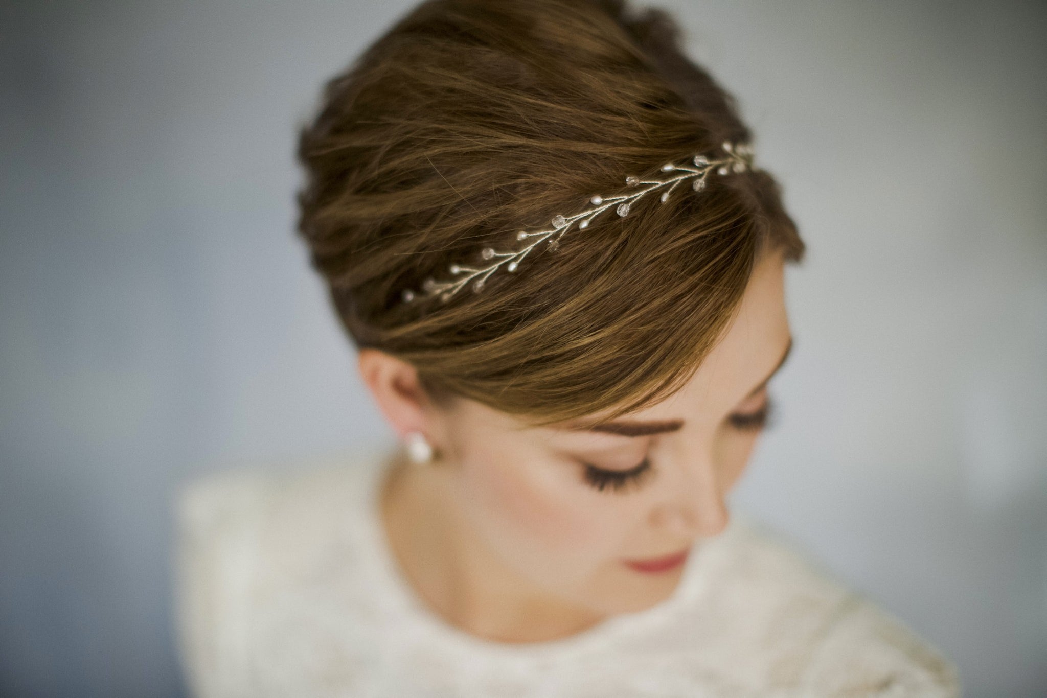 Simple crystal and pearl silver wedding headband with ribbon ties