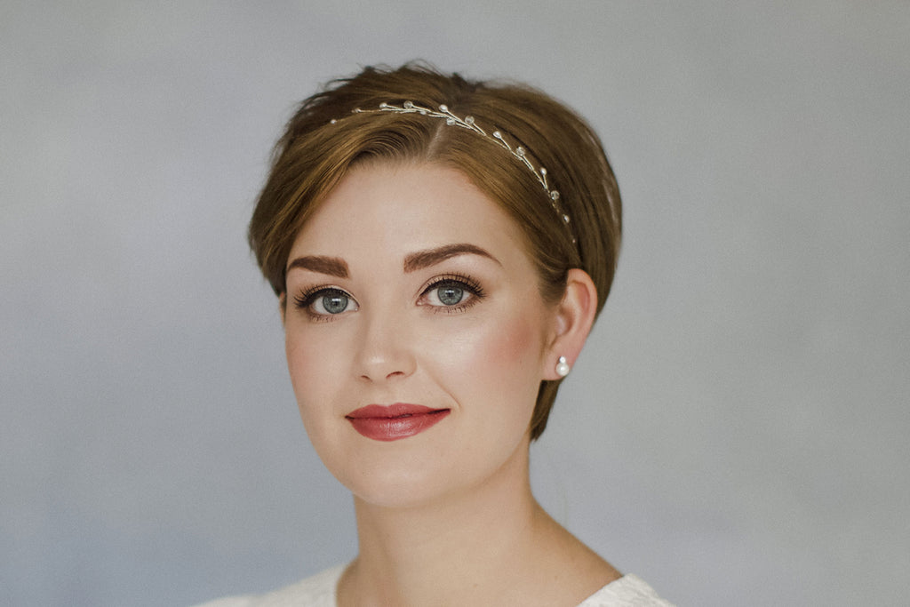 simple crystal and pearl wedding headband hair vine for a short haired bride