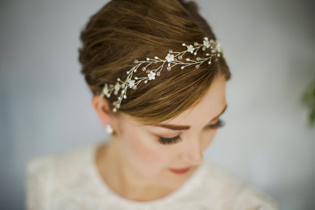 Braided interwoven wedding hair vine headband for a short haired bride