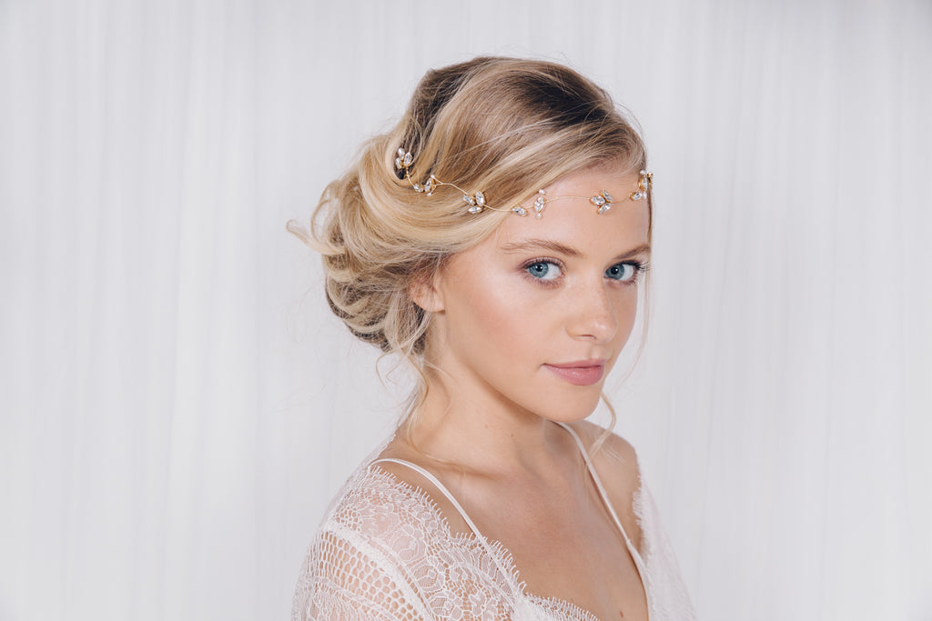 Anya wavy bohemian bridal ribbon tie Swarovski crystal headband with a 1920s up do hair style