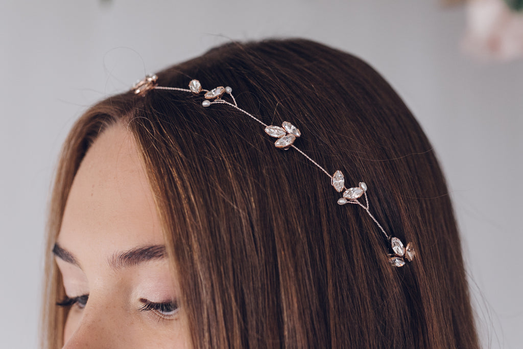 Anya rose gold handwired ribbon tie bridal headband or wedding hair vine