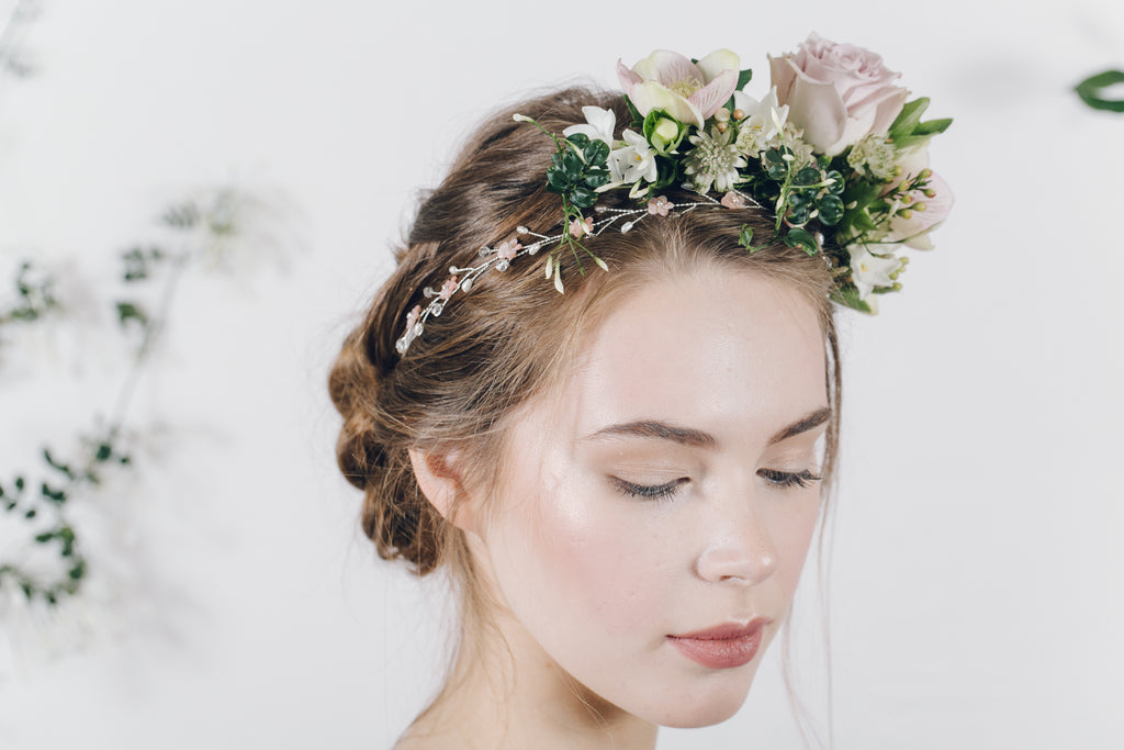 Blush pink mother of pearl floral wedding headband with flower crown