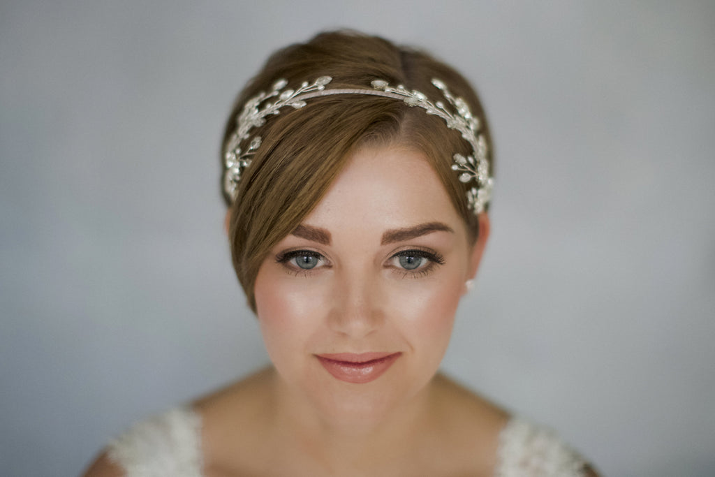 Mirror image double ended flower wedding headband for a short haired bride