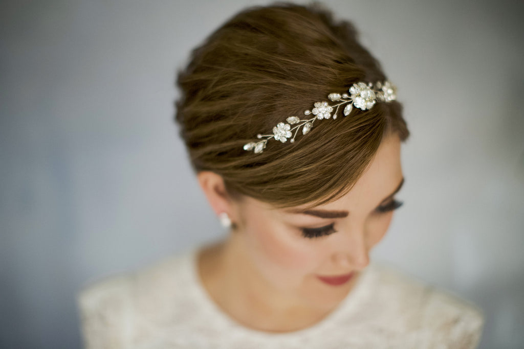 Tiara wedding hair vine for a short haired bride