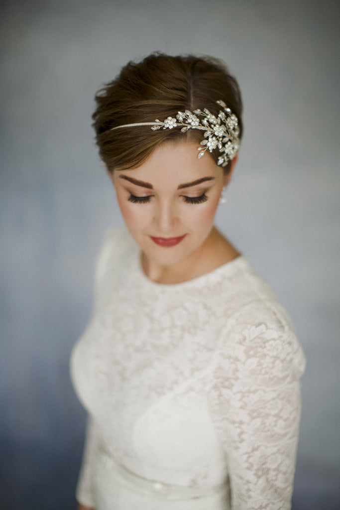 Statement crystal vintage wedding headband for a short haired bride inspiration