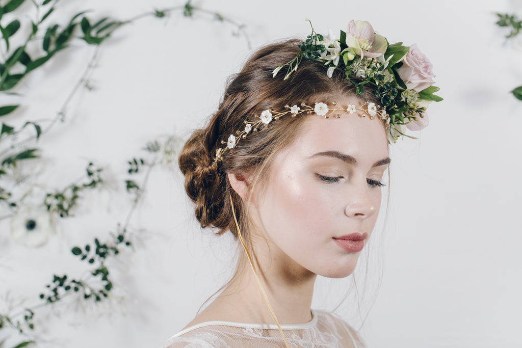 Fresh half flower crown with gold wedding headband