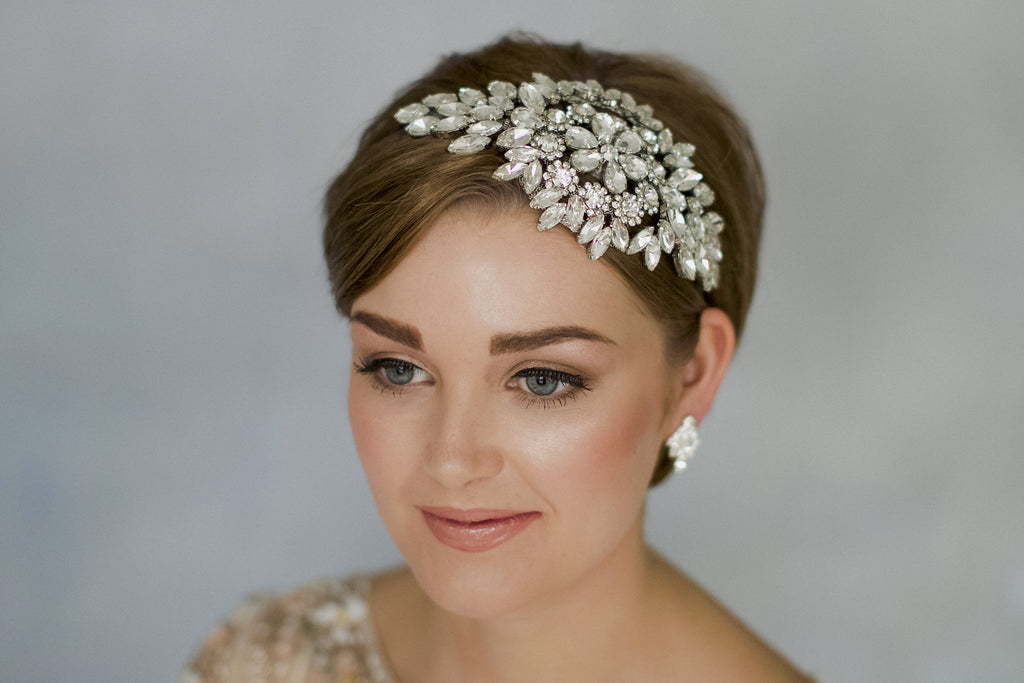 Statement crystal vintage deco wedding headband for short hair bride inspiration