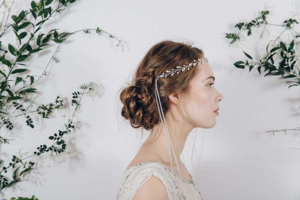 Bohemian ribbon tie wedding headband with organza ribbons