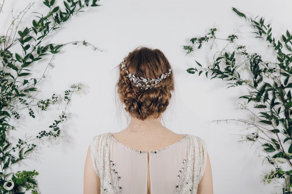 ribbon tie bridal headband worn as a hair vine in the back of the head