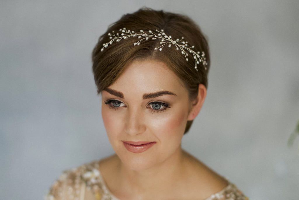 Pearl wedding hair vine headband for short hair bride inspiration