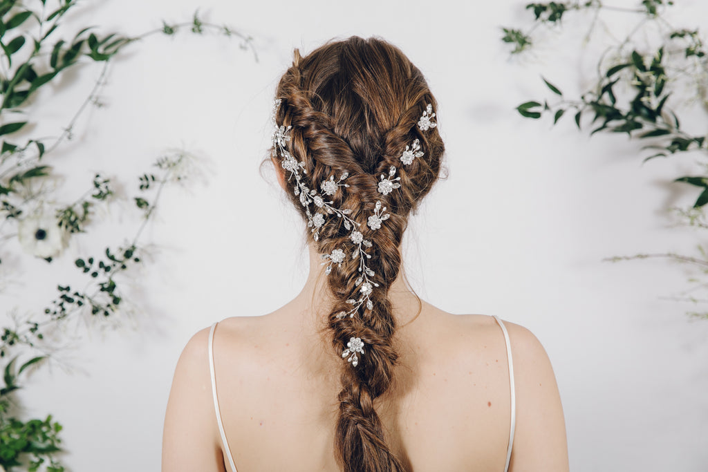 braided dutch fishtail braid with sparkling crystal and pearl wedding hair vine and hair pins