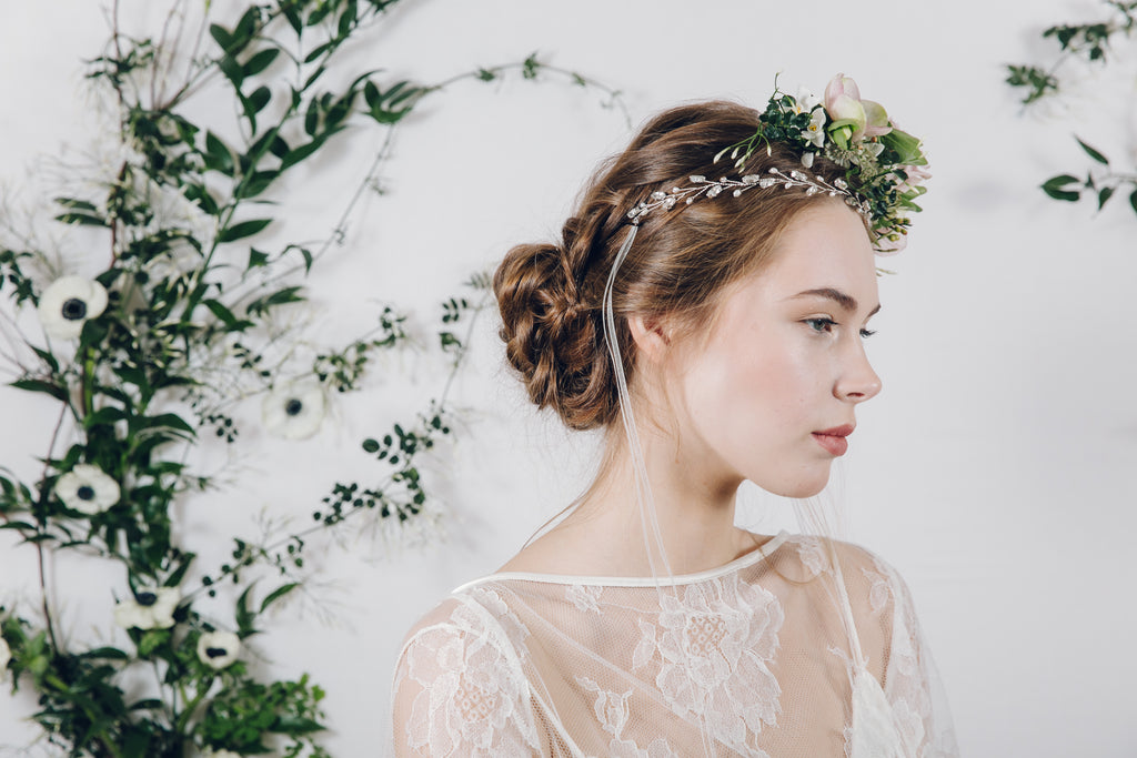 Silver crystal and pearl headband with flower crown