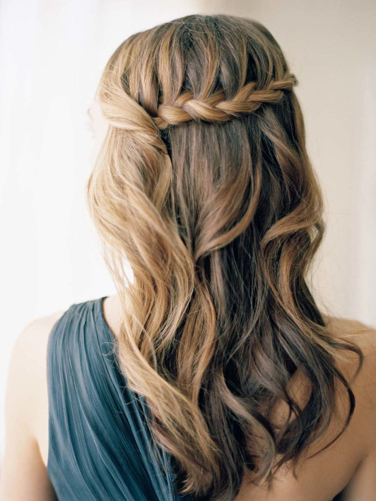 half up half down bridal hair with waterfall plait braid