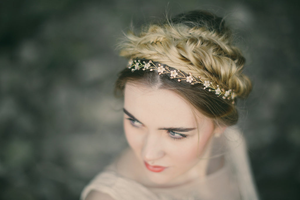 Braided bridal up do with gold wedding headband