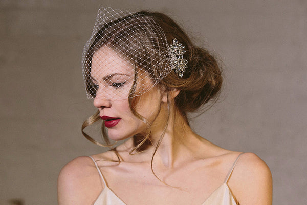 Anna deco crystal bridal hair comb with birdcage mask wedding veil
