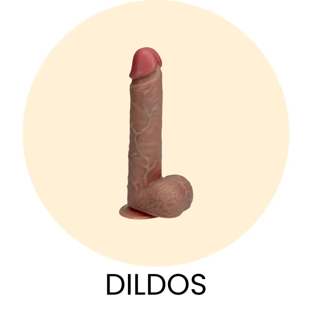 Gulcirkel med en RealRock dildo i med texten Dildos under